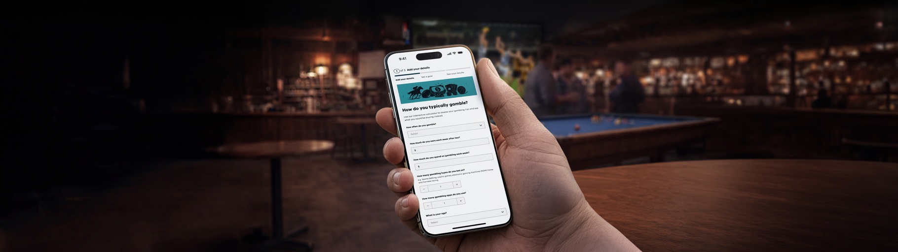 A phone screen shows a page asking about gambling behaviours in a pub setting.